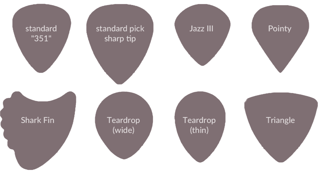 8 of the most common pick sapes: standard standard pointy, jazz 3, sharp, shark pin, wide teardrop, teardrop and triangle