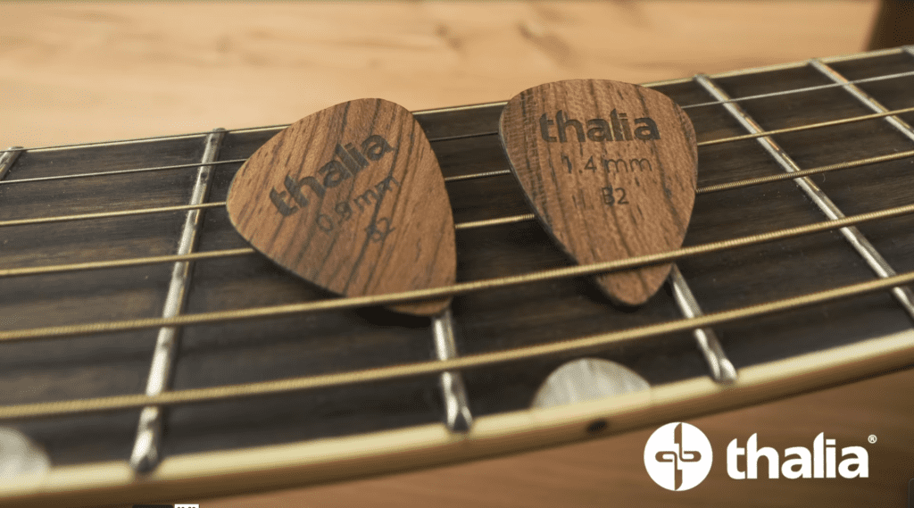 two standard thalia capo picks on a guitar