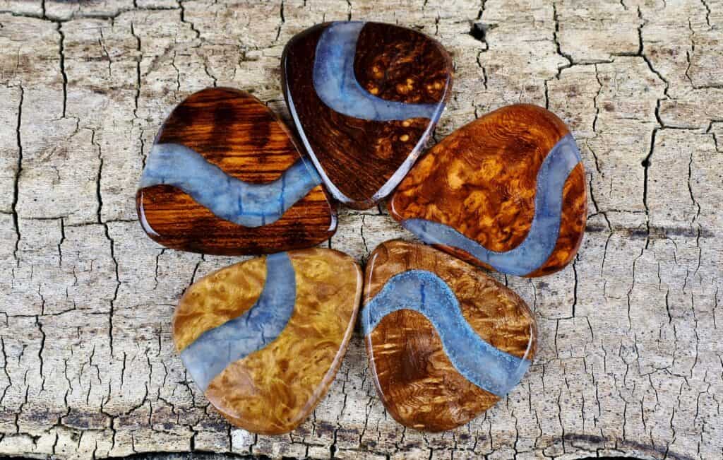 Beautiful Resin River Wood Guitar Picks by Pickslays Woodworking