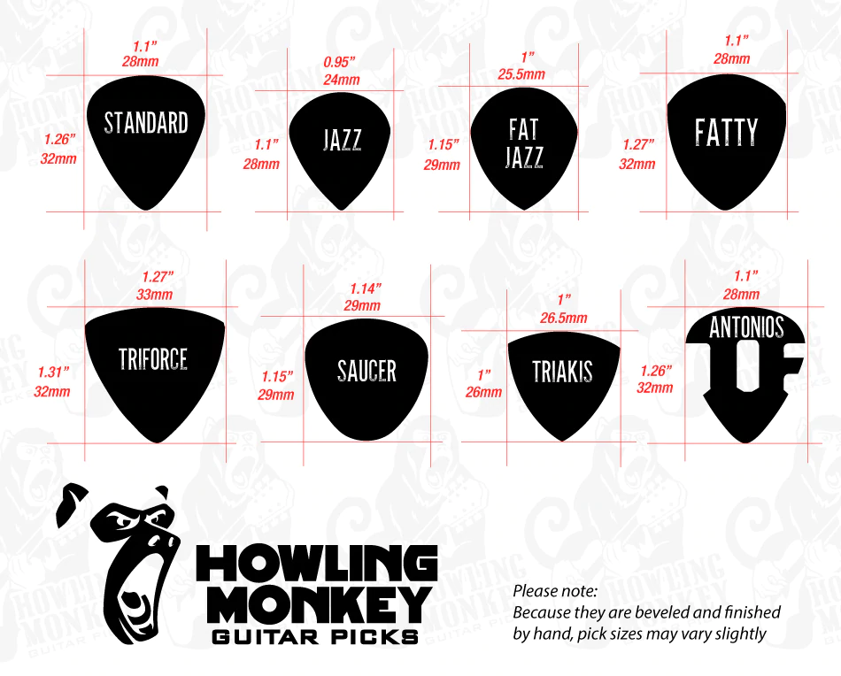 Howling Monkey Picks Shapes and Dimensions Chart