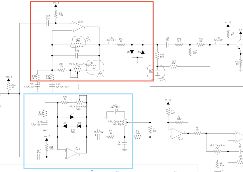 Boss OS-2 Schematic showing the difference between the distortion and the overdrive circuits
