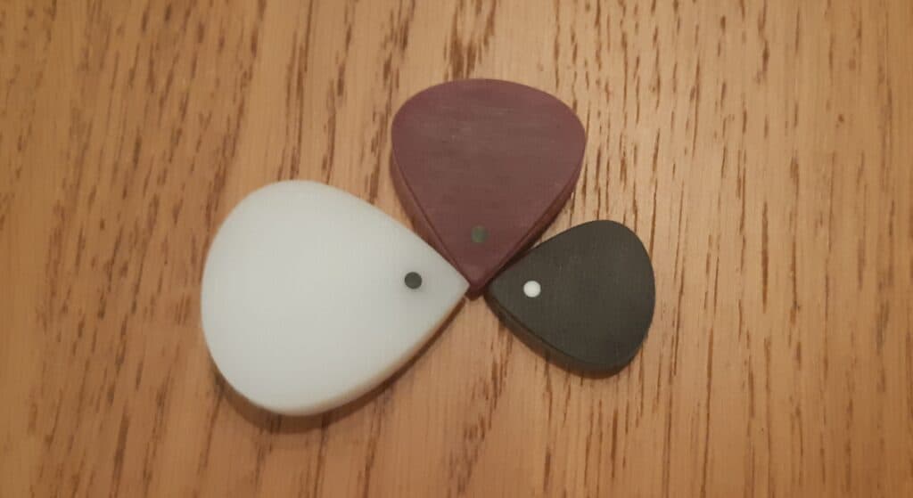 A top shot of Purple Plectrums_ Ares, Achilleus, and Zeus