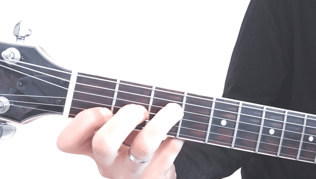 Fingering of a Fmaj7 Chord played on a guitar