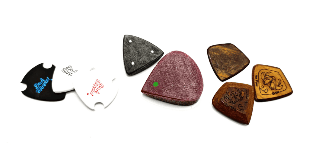 Hippie Picks (left), Purple Plectrums (middle) and SixStringers (right)