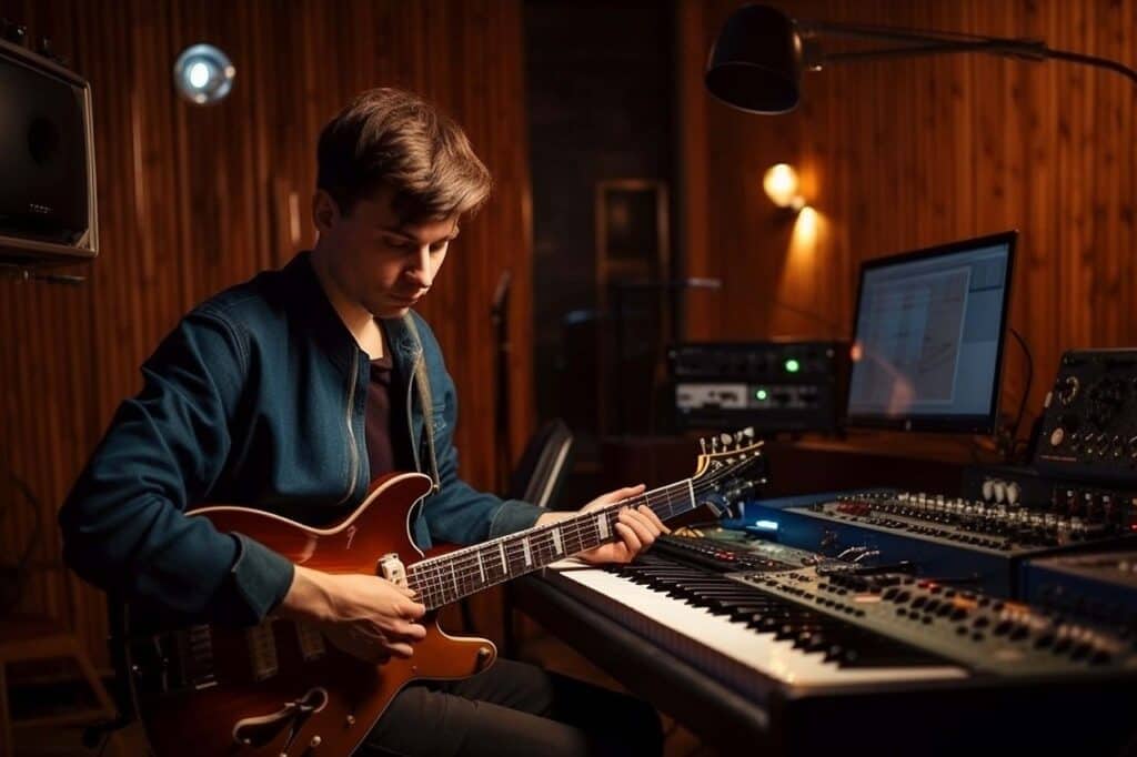 guitar player in a recording studio