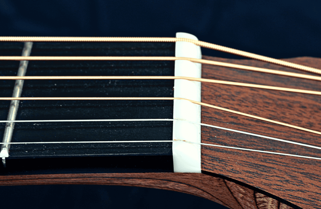 a close up shot of a guitar nut